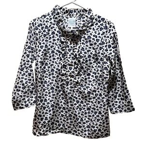 Devon Baer Womens Leopard Print‎ Ruffle Silk Blouse Black Blue Top Sz S Small